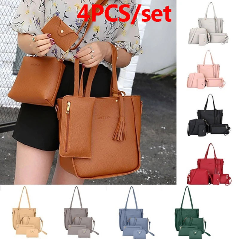 Juego de 4 unidades de bolsos de cuero para mujer, conjunto de bolso de hombro de poliéster, bolso de mano, bandolera, 9 colores