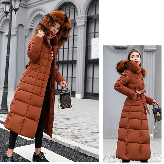 Chaqueta larga de algodón para mujer, parkas, abrigo, nueva, invierno, hasta la rodilla, suelta, con cuello grande de piel, con capucha, cálida, gruesa, parkas para mujer, abrigo acolchado