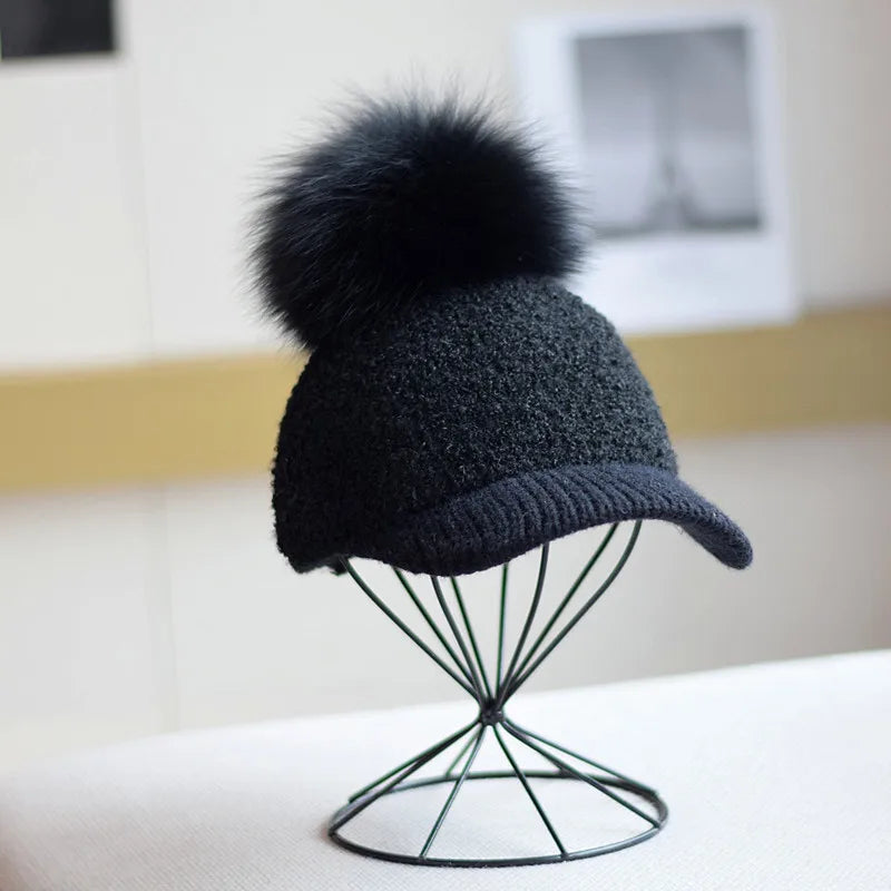 Gorra de béisbol unisex de invierno de moda para mujer, gorro de papá de lana de cordero de lujo con pompón de piel, gorra de papá cálida para invierno al aire libre de Hip Hop