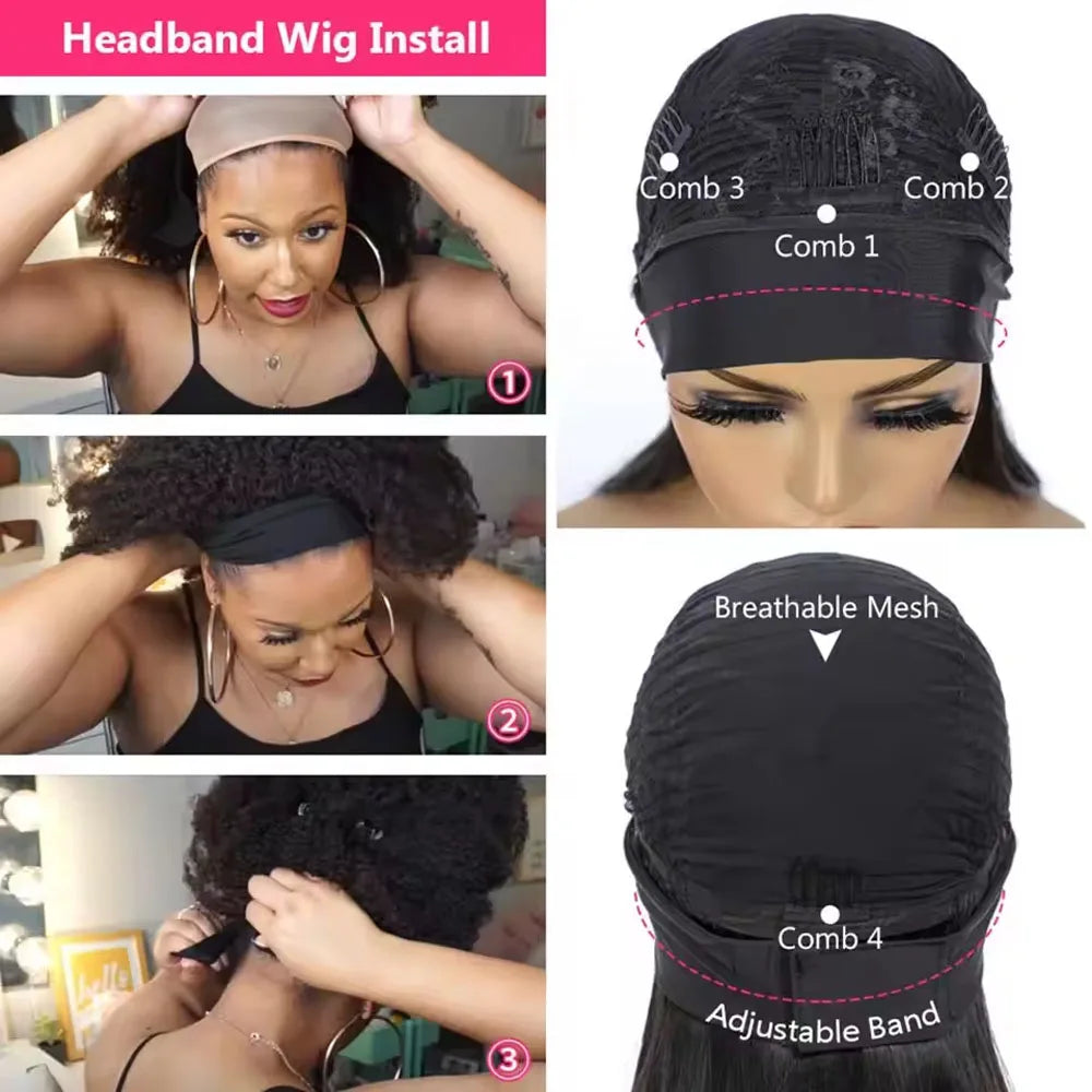 Pelucas con Diadema de Cabello Humano, Ondas Profundas, 250% Sin Encaje, Sin Pegamento, Pelucas Hechas a Máquina, Aptas para Principiantes, Pelucas Rizadass