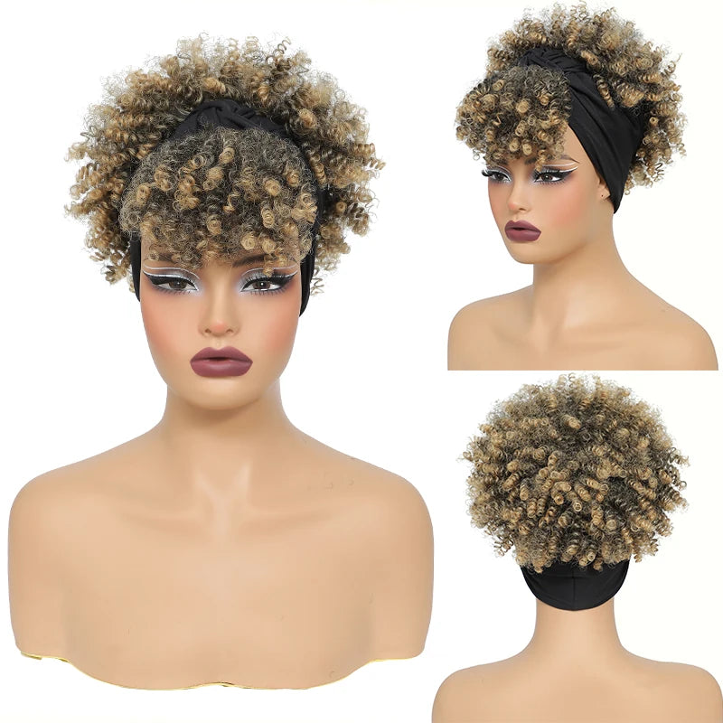 Afro Curly Headband Wigs Short Kinky Curly Wigs with Headbands Attached Scarf Wig For Women Synthetic Afro Puff Wigs with Bangs