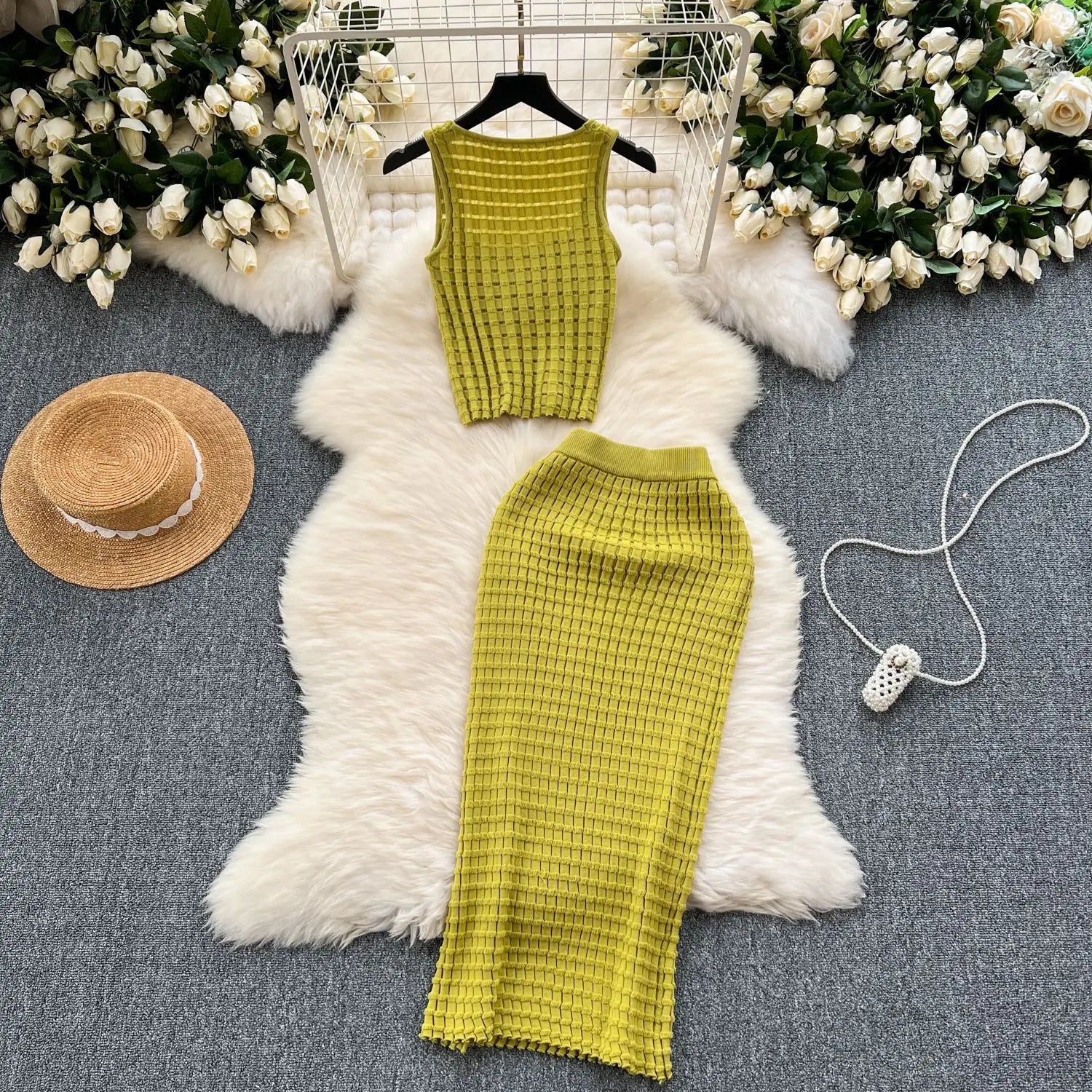 Conjunto de Falda para Mujer, Trajes de Dos Piezas, Chalecos, Tops Cortos, Faldas Largas de Punto Ajustadas, Cintura Alta, Estilo Urbano Y2K 2025, Para Fiesta o Playa