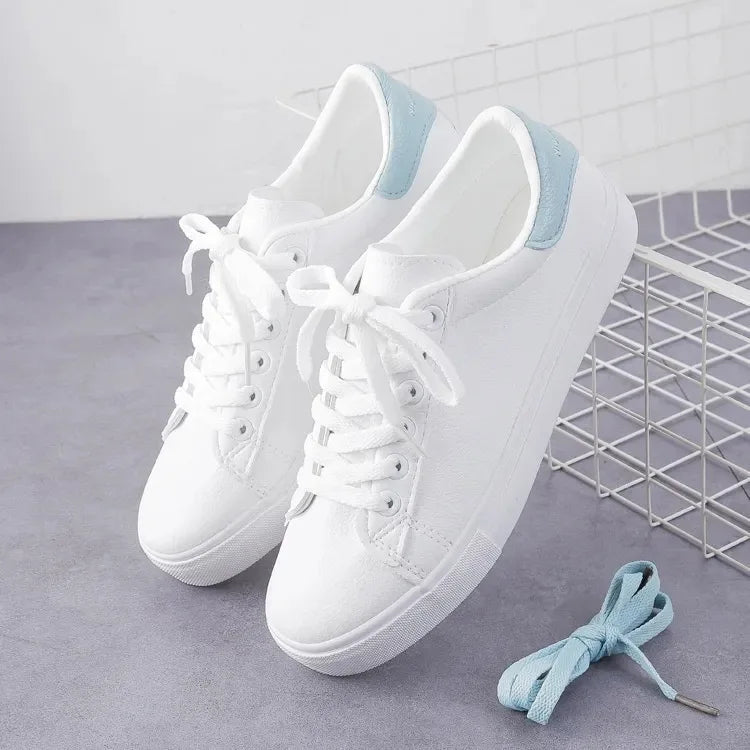 Nuevas Zapatillas de Mujer Moda Transpirable Zapatos Vulcanizados Zapatos de Plataforma de Cuero Sintético Blancos con Cordones Zapatos Casuales Zapatos Mujer