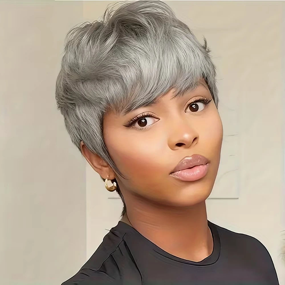 Short Pixie Cut Wig Silver Gray Straight Human Hair Wigs Bazilian Hair with Bangs for Women Machine Made 100% Human Hair Wigs