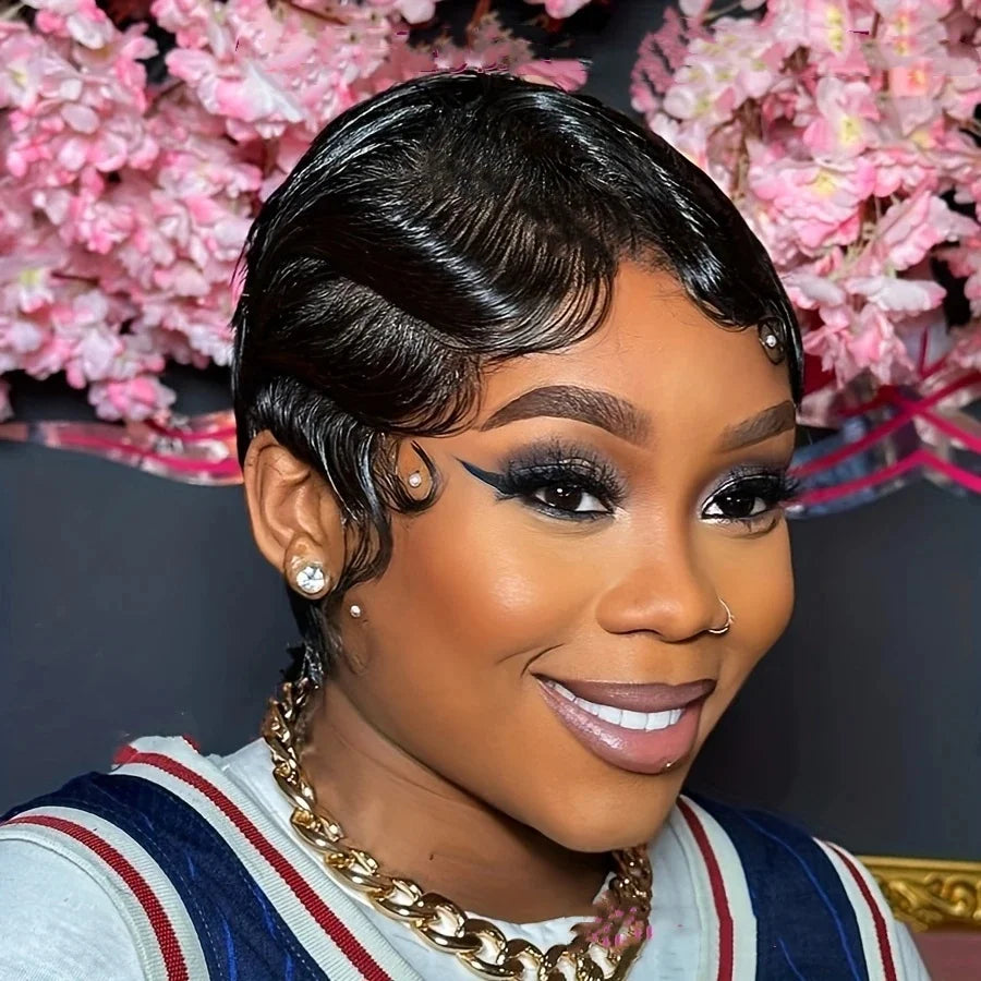 Perruque Pixie Cut en cheveux humains ondulés, qualité supérieure, entièrement fabriquée à la machine, densité 150 %