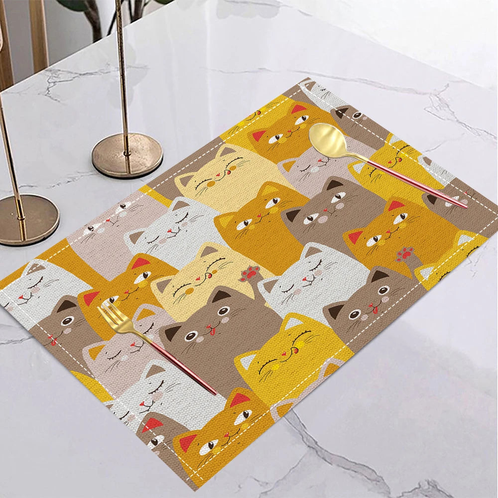 Manteles Individuales Estampados de Gatos Lindos Manteles de Lino para Cocina, Comedor, Decoración, Accesorios, Manteles Individuales de Lino Resistentes al Calor