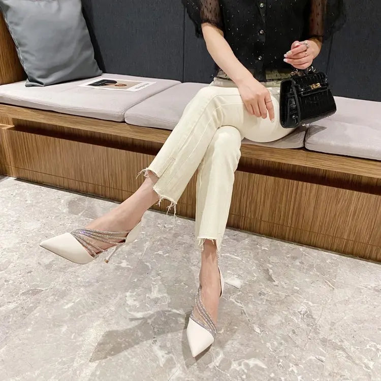 Zapatos de tacón alto para fiesta de noche de mujer, nuevos zapatos de salón elegantes para mujer, de punta, negros, con tiras, para mujer