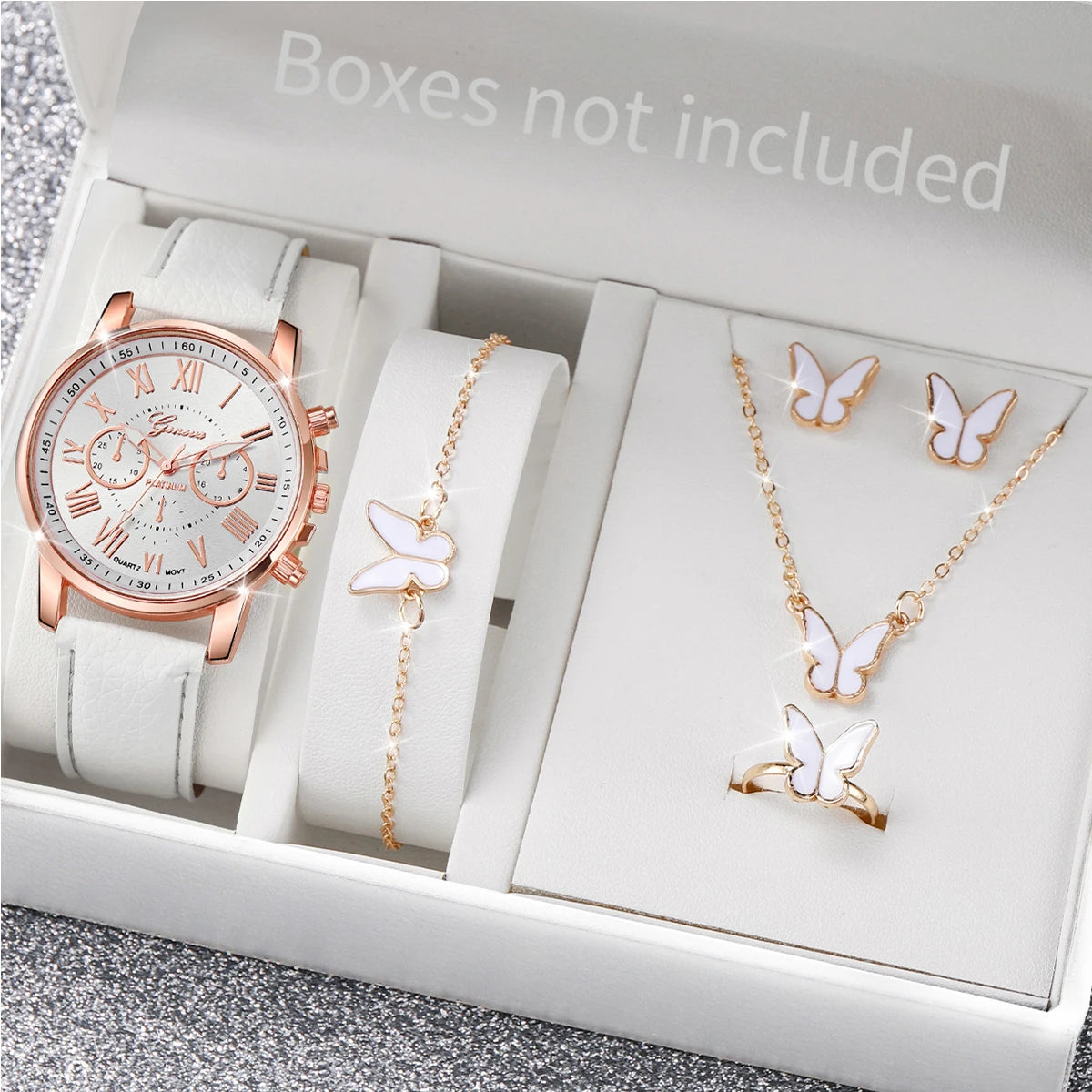 5/6PCS Reloj de cuarzo de moda para mujer, correa de cuero, relojes de pulsera analógicos, conjunto de joyas con corazón de diamantes de imitación (sin caja)