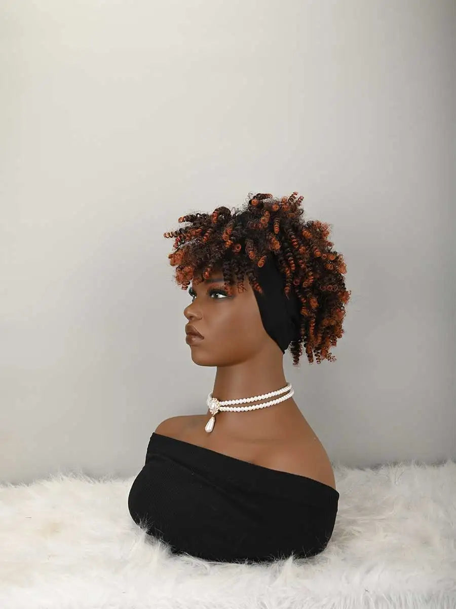 Headband Wig Curly Headband Wig With Bangs For Women Synthetic Afro Curly Hair Wig With Headband Attached Short Kinky Curly Afro High Puff With Bangs Stripes Short Red Curly Wigs with Bangs for Women, Natural Wavy Synthetic W
