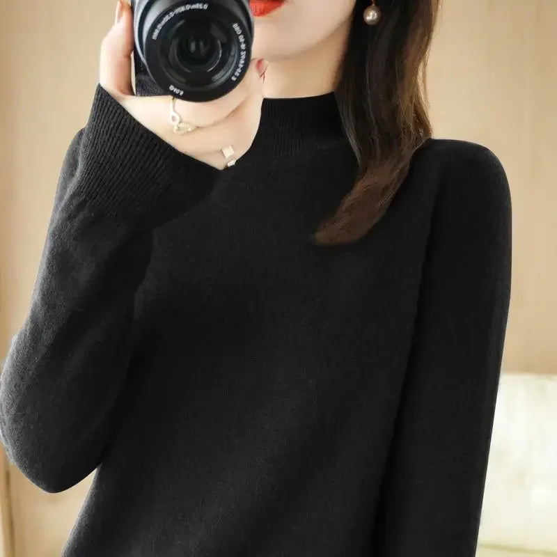 Suéter de mujer otoño invierno, camisas base cálidas casuales, cuello simulado, tejido básico, jerséis de manga larga, moda coreana