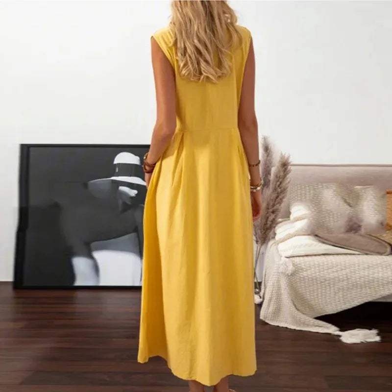 New Dresses Woman Fashion Lapel A-line Vintage Cotton Linen Long Skirt Women's Clothing Tops
