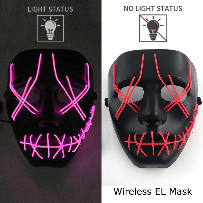 Máscara de purga LED de neón inalámbrica, que brilla en la oscuridad, máscara de cosplay de terror para Halloween, máscaras de fiesta de disfraces, accesorios luminosos divertidos