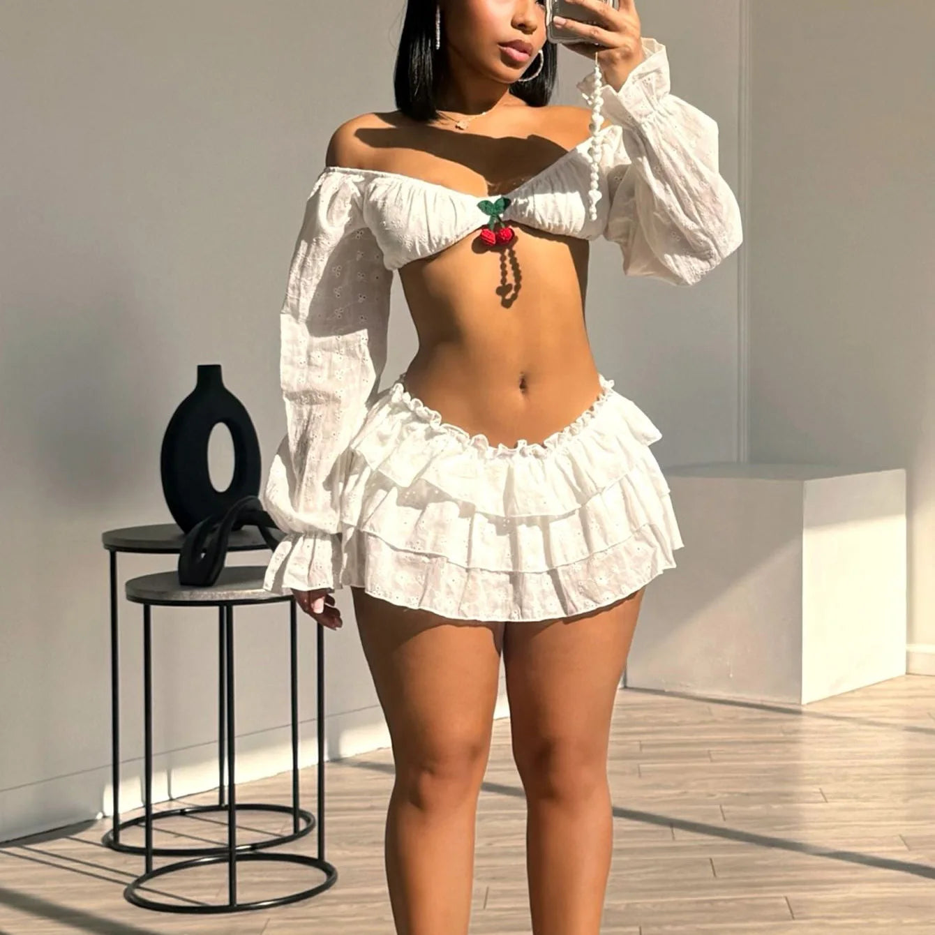 2 Piece Set Sexy Off Shoulder Long Sleeve Crop Top Tiered Mini Skirt with Shorts Underneath Skirt Suit Set for Women