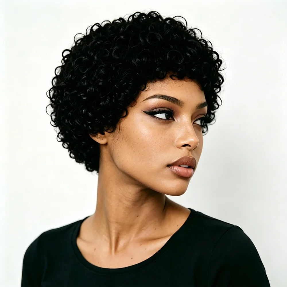 4Inches Short Pixie Cut Wig Human Hair For Black Women Afro Kinky Curly Wig African Curly 180% Density Full Machine Made Wig
