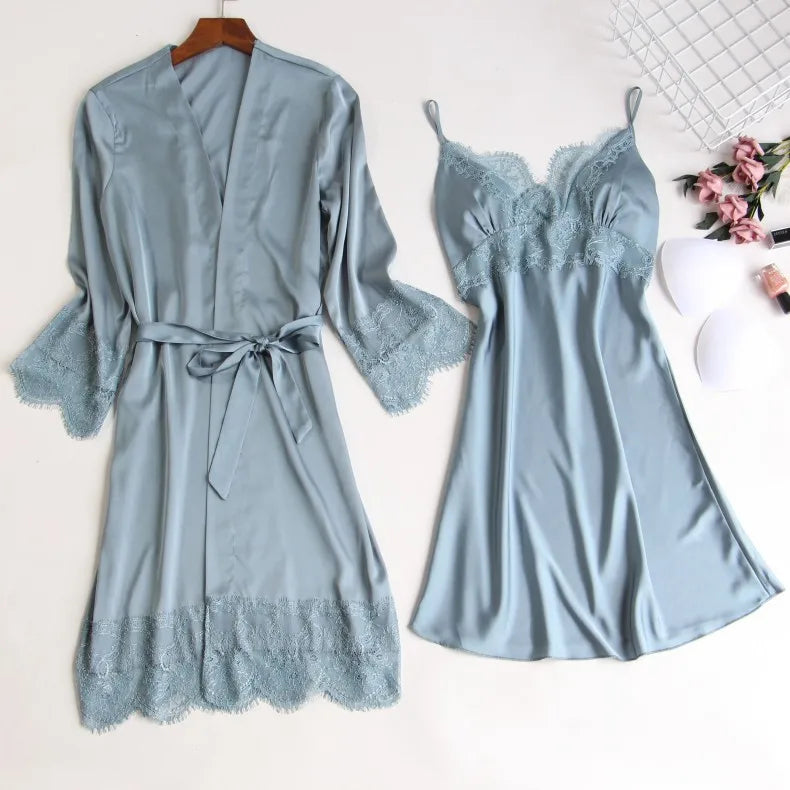 Pijama de cinco piezas para mujer, ropa de dormir para primavera y verano, camisón, bata de baño sexy de encaje, bata de satén de seda suelta para el hogar, ropa de estar en casa