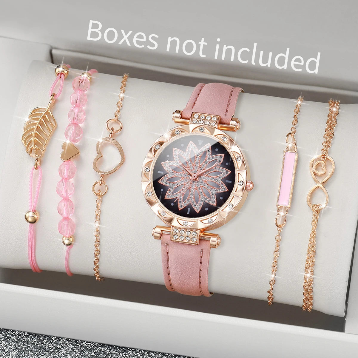 6PCS/Set Fashion Heart Dial Women's Watch Casual Leather Band Analog Quartz Watch Leaf Bracelets Set(Without Box)
