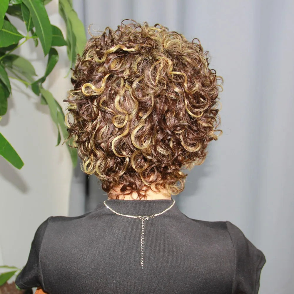 4/27 Highlight Blonde Wigs Human Hair Pixie Curly Bob Wigs Short Bob Human Hair Wigs Preplucked Brazilian Hair 150% Density