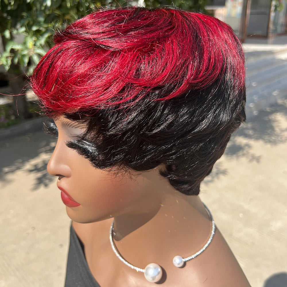 Pelucas de Cabello Humano Peluca Corta Pixie de Cabello Humano para Mujeres Negras Pelucas Hechas a Máquina con Flequillo Peluca Pixie Perruque Cheveux Humain