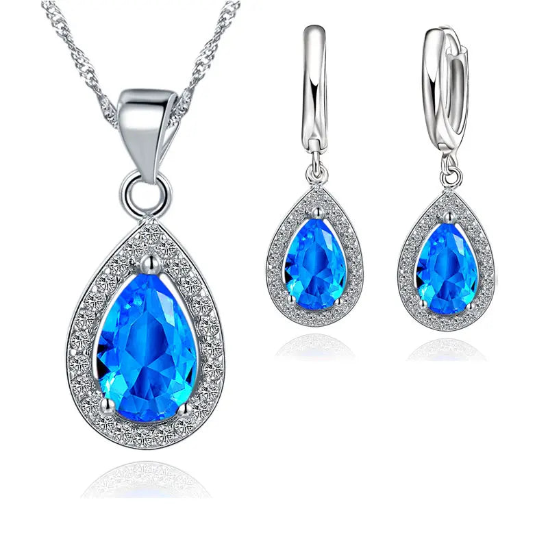 Women’s Waterdrop Crystal Necklace & Earring Set – 925 Sterling Silver Bridal Jewelry