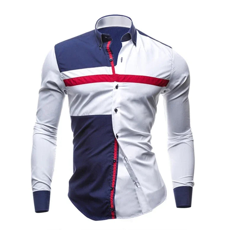 Men Long Sleeve Shirt Spring Striped Shirts Slim Fit Male Casual Social Patchwork Shirt Turn-down Collar Camisa Masculina