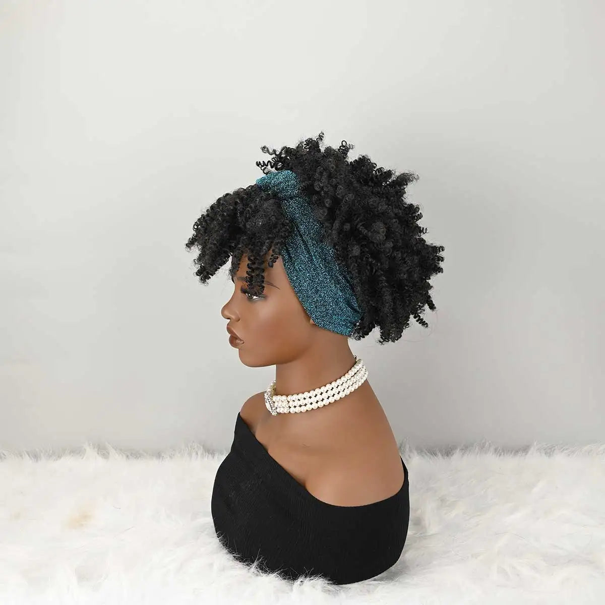 Headband Wig Curly Headband Wig With Bangs For Women Synthetic Afro Curly Hair Wig With Headband Attached Short Kinky Curly Afro High Puff With Bangs Stripes Short Red Curly Wigs with Bangs for Women, Natural Wavy Synthetic W