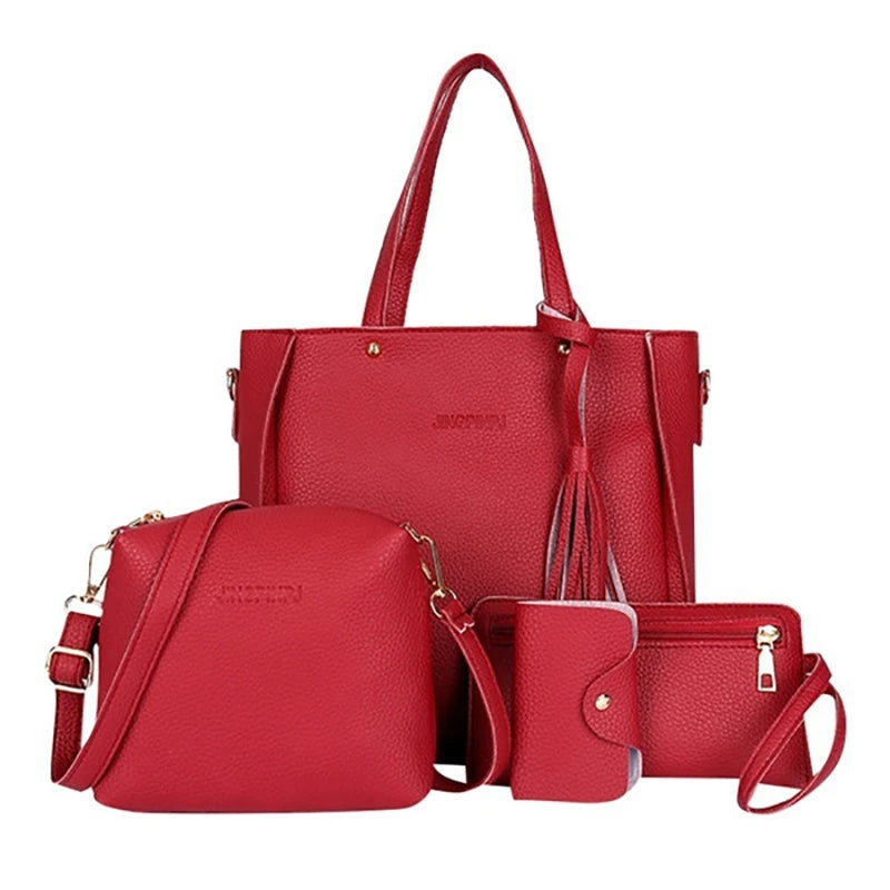 Juego de 4 unidades de bolsos de cuero para mujer, conjunto de bolso de hombro de poliéster, bolso de mano, bandolera, 9 colores