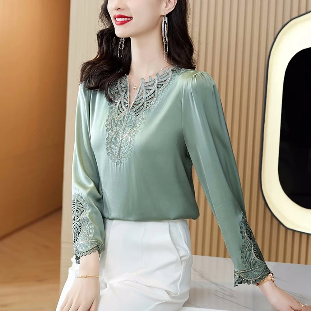 Moda Mujer Blusas de Seda Primavera Otoño Camisas de Manga Larga Bordadas Elegantes Tops de Diseño Retro para Oficina