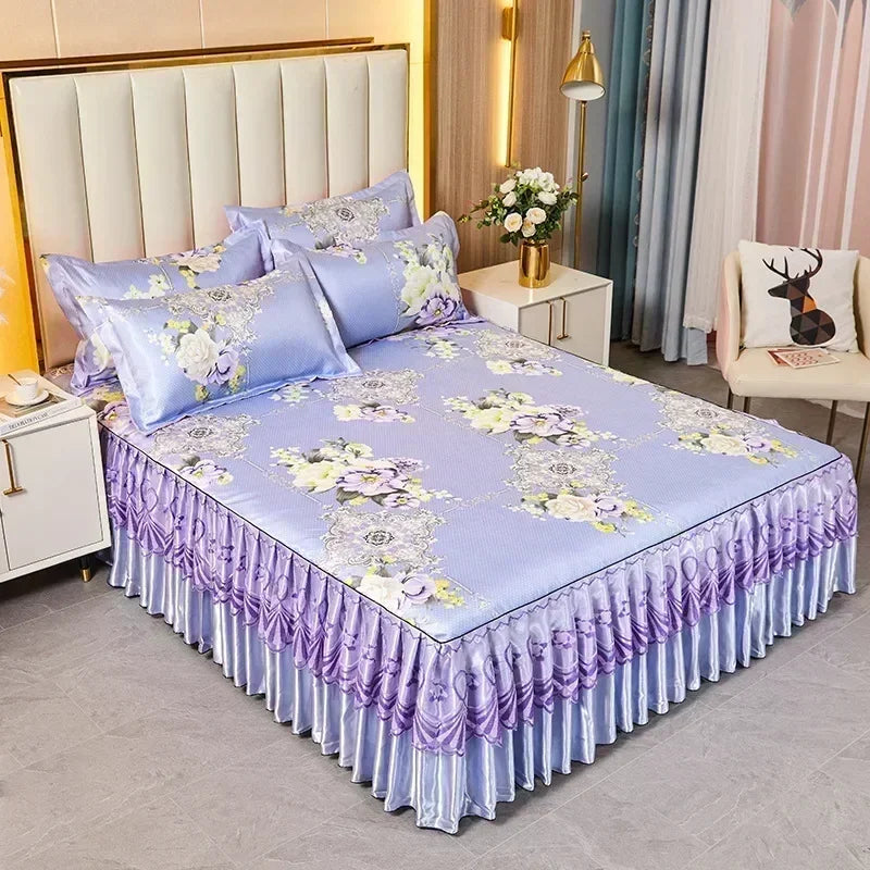 3 deler sommer sengeteppe i skjørtstil, sengeteppe i blonder i europeisk stil, tredelt sett i skjørtstil, sengeteppe i madrass, støvbeskyttelse