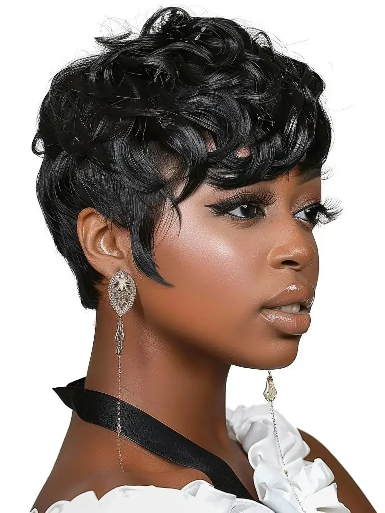 Short Pixie Wigs for Black Women Short Black Curly pixie Wigs Synthetic Hair Wigs for Black Women Natural Wavy Black pixie Cut