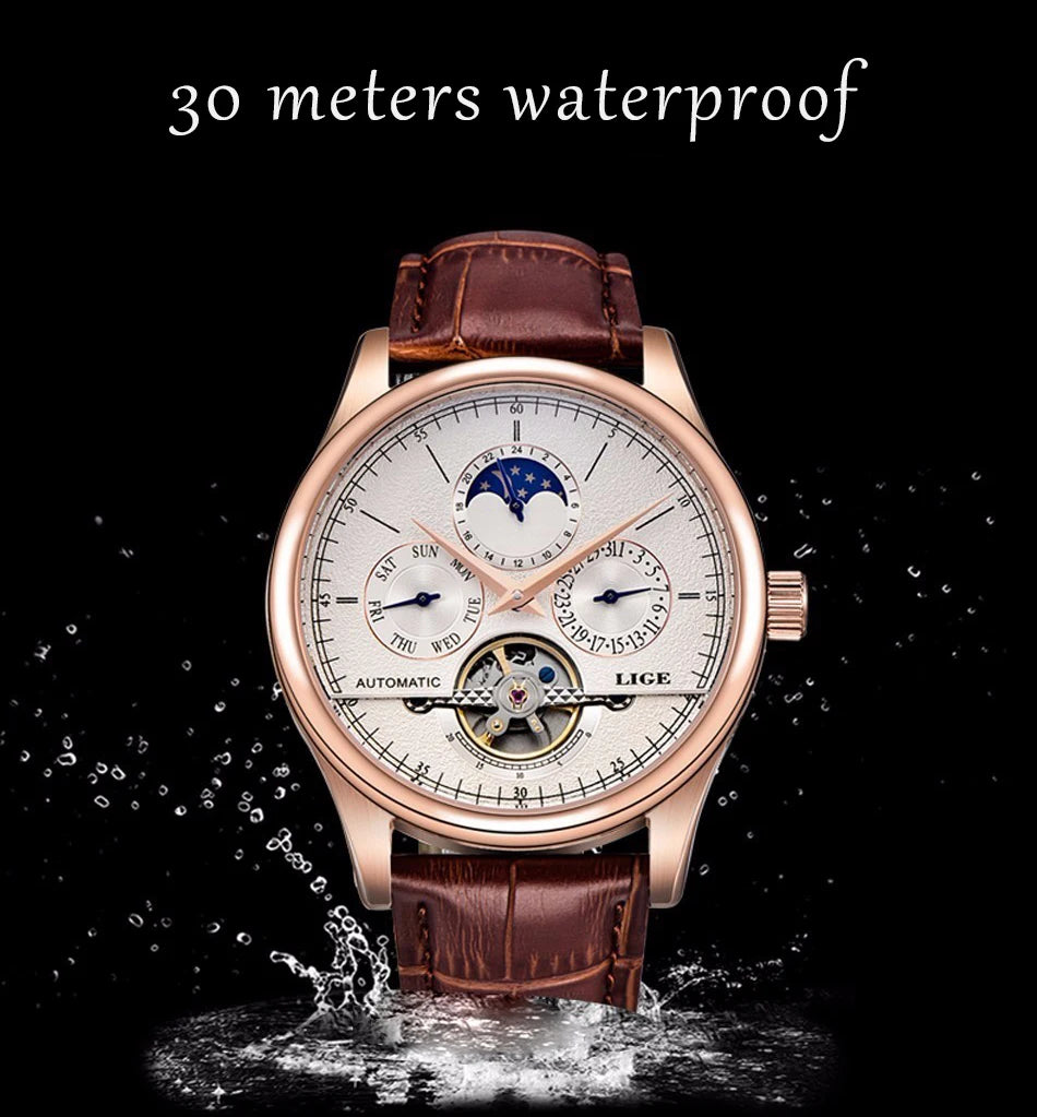 LIGE Relojes para hombre Reloj mecánico automático Reloj Tourbillon Piel auténtica Reloj impermeable Reloj de pulsera militar para hombre