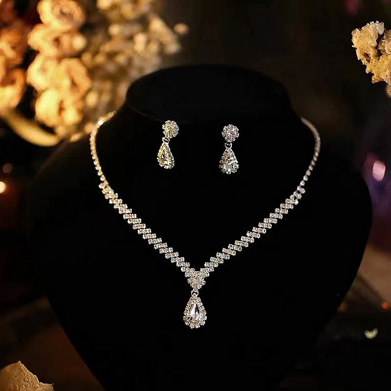 Ensemble de bijoux de mariée, 3 pièces, collier et boucles d'oreilles en cristal et strass, tendance et simple, pour femmes, accessoires, cadeau