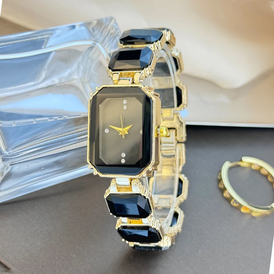 reloj de señora estilo europeo y americano de moda con esfera de diamantes de imitación, caja rectangular de color con cadena de diamantes de imitación, sección grande de mujer