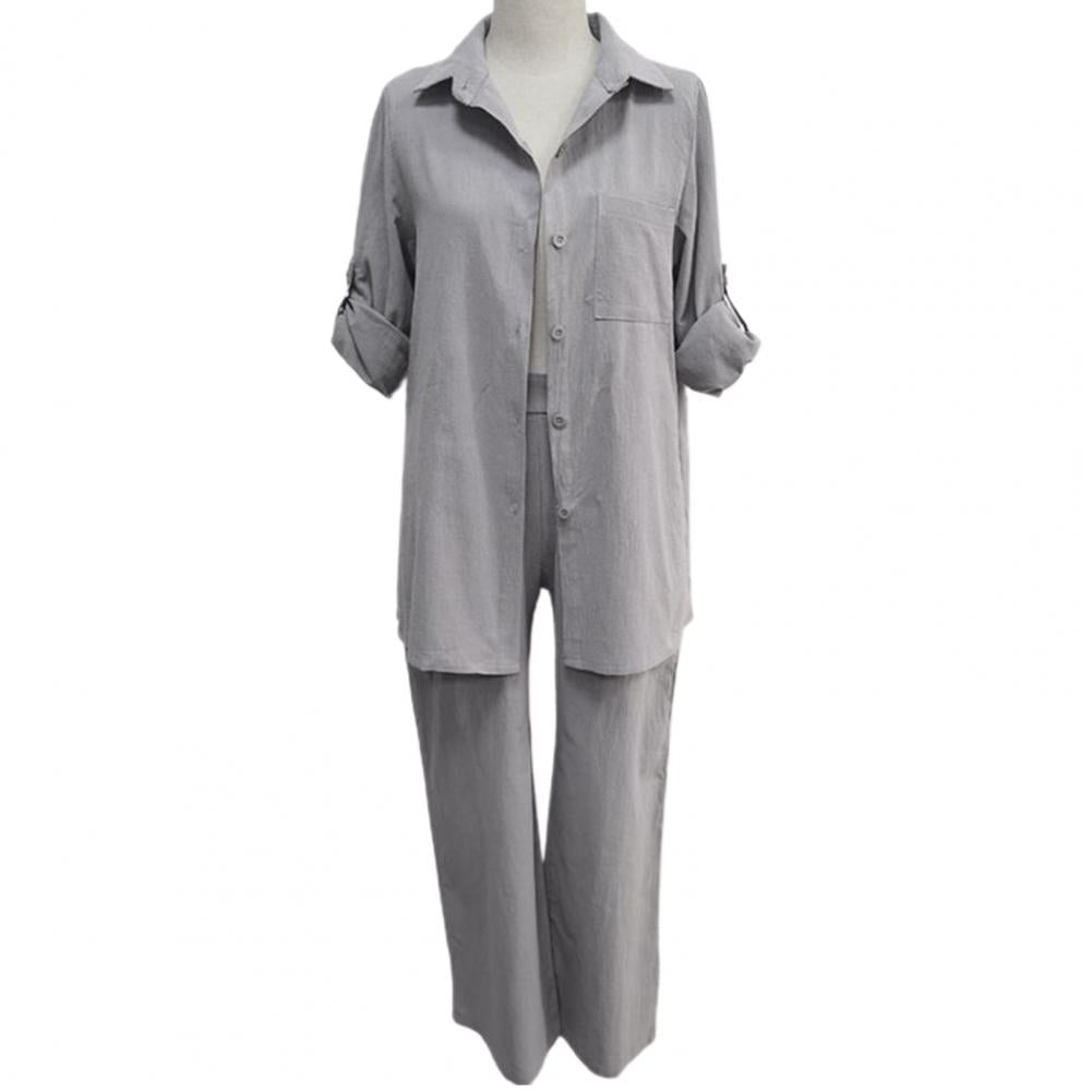 Women Pants Blouse Set Long Sleeve Solid Color Single-breasted Turn-down Collar Shirt Wide Leg Pants Suit Shirt Trousers Set