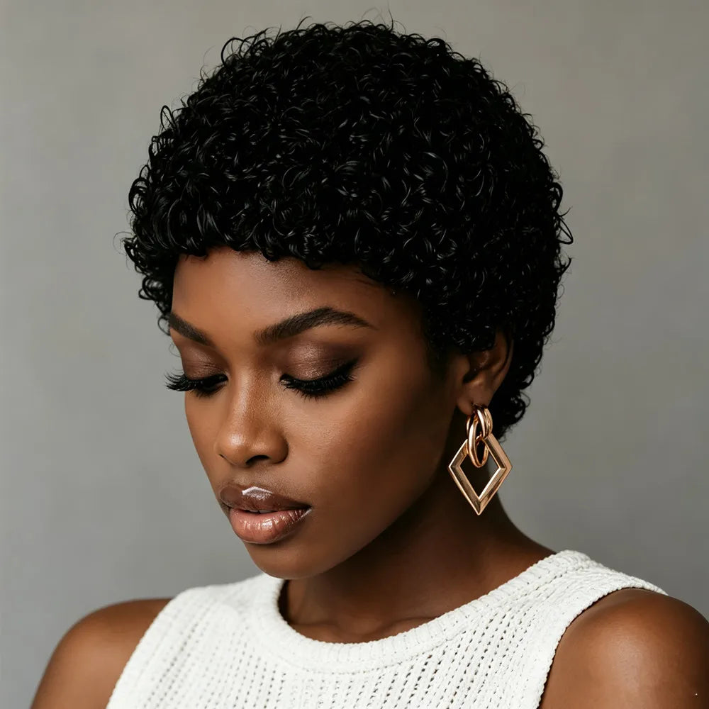 perruque pixie perruque courte afro bouclée de 4 pouces en cheveux humains, couleur noire, densité 150%, perruque courte bouclée en cheveux humains coupée pixie, faite à la machine