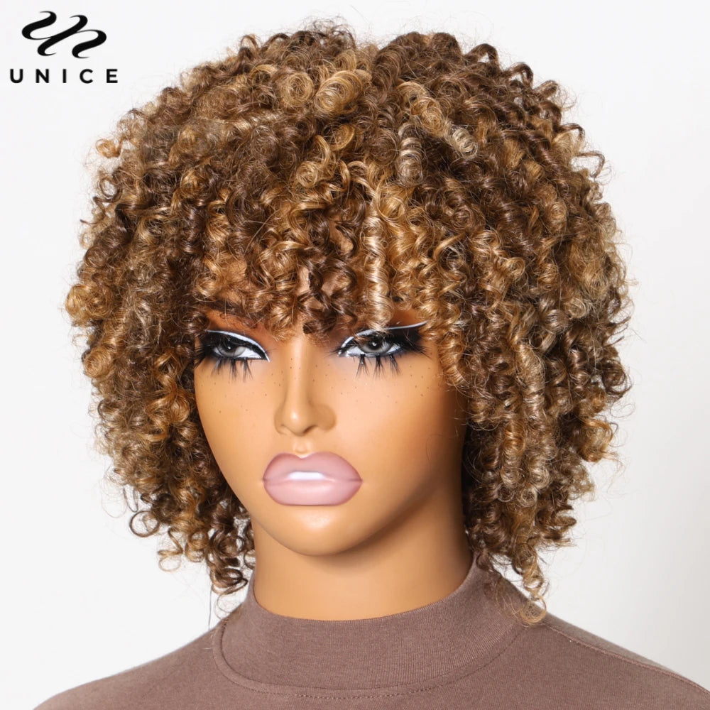 UNICE Perruque afro bouclée kinky blonde avec frange, 100% cheveux humains, boucles rebondissantes, perruques courtes en cheveux humains, perruque entièrement fabriquée à la machine