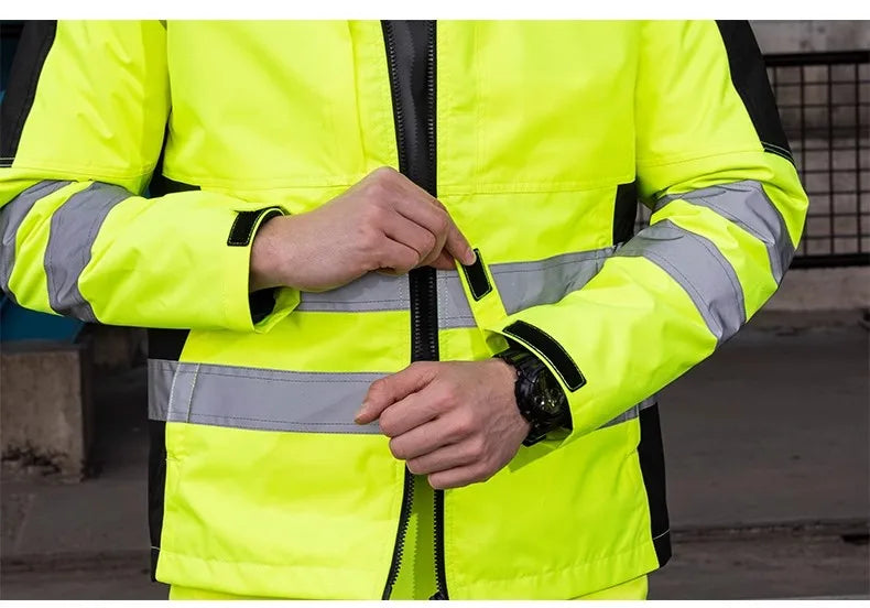 Trajes de trabajo de alta visibilidad amarillos para el invierno, conjunto de chaqueta impermeable de alta visibilidad 3 en 1 con forro y pantalones de trabajo para hombre