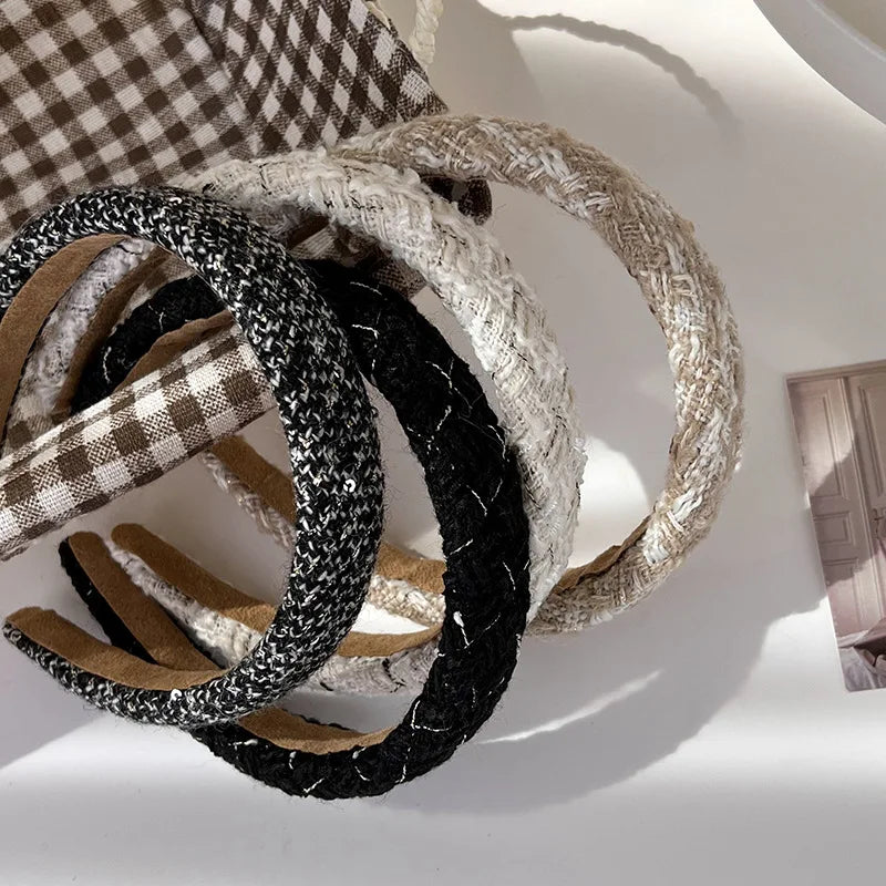Diademas de tweed con celosía a la moda para mujer, bandas para el cabello retro con temperamento, aros para el cabello sólidos con esponja, nuevos accesorios para el cabello de otoño e invierno