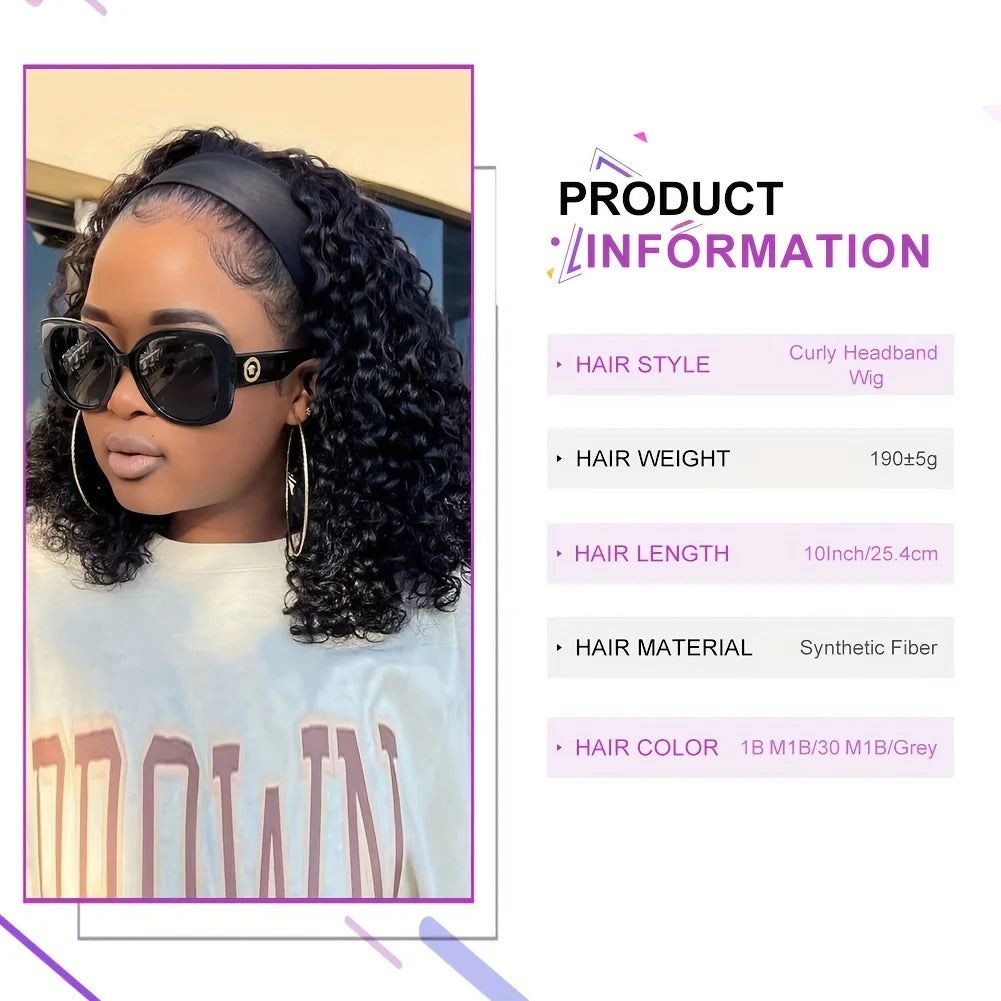 12" Afro Kinky Curly Headband Wig Synthetic Afro Curly Headband Wig Glueless Black Mix Brown Headband Wig For Women Daily Wear
