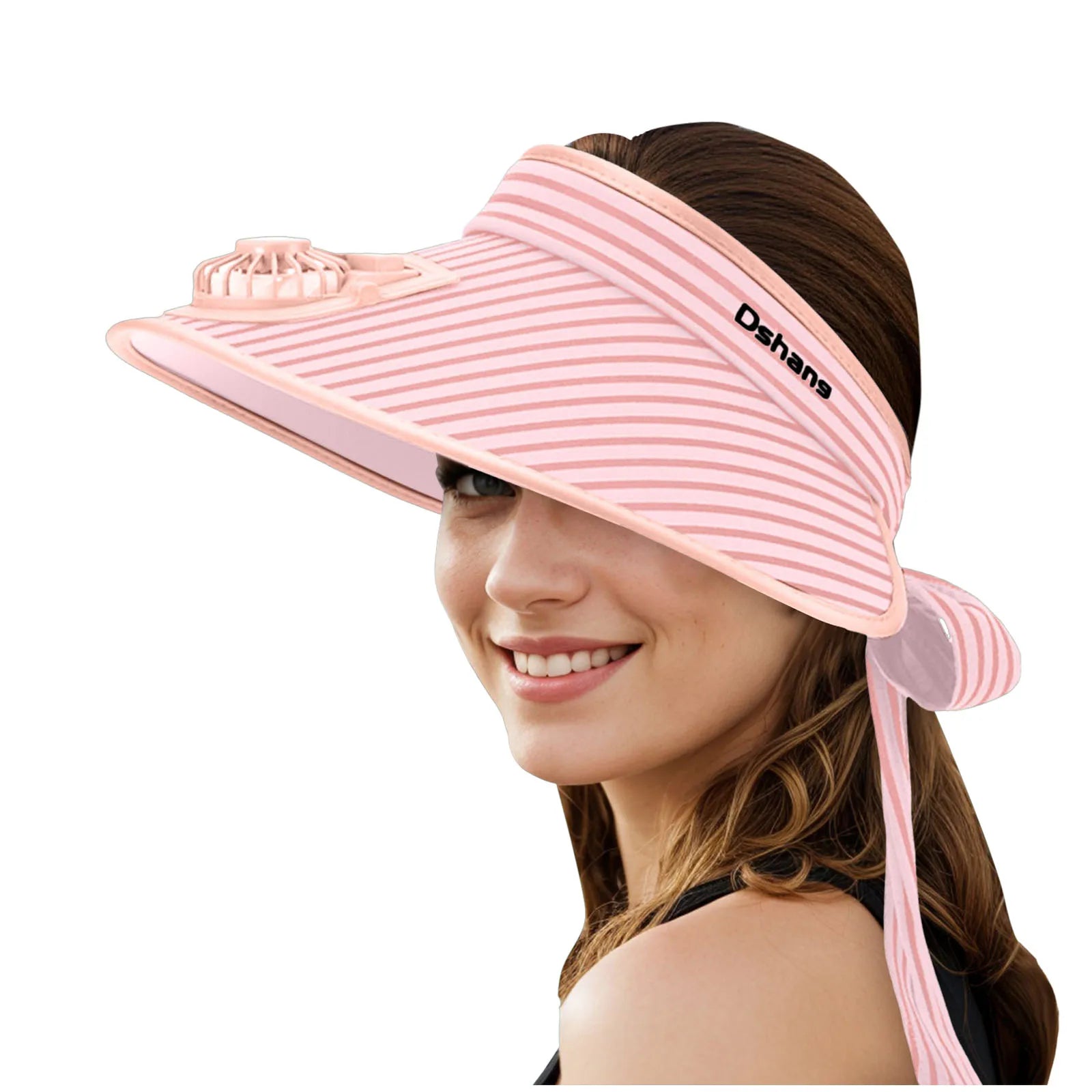 Gorro de sol con ventilador solar para mujer, moda, rayas, parte superior vacía, sombrero de verano con ventilador, visera bonita con tiras y lazo, sombreros de playa para exteriores