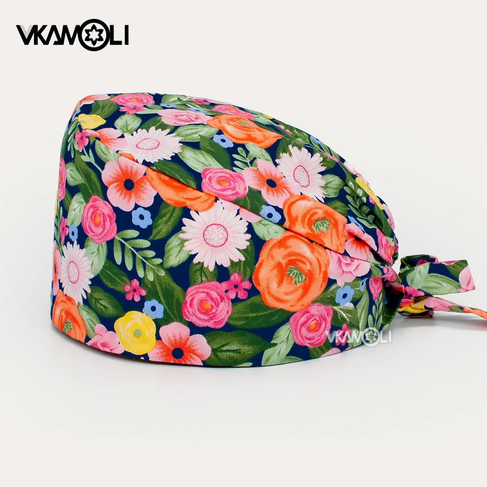 Gorros de enfermería de moda ajustables de algodón con estampado de flores Sombreros ajustables de alta calidad que absorben el sudor Gorro elástico multicolor
