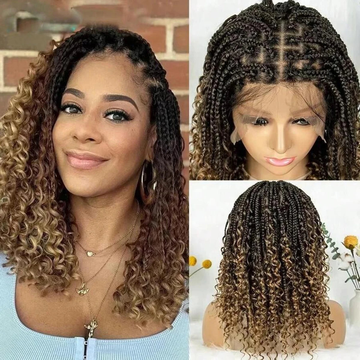 Kort Boho Bohemian Box Braids Flettet Parykk Full Lace Boho Flettede Parykker Syntetisk Krøllete Hår med Babyhår for Svarte Kvinner
