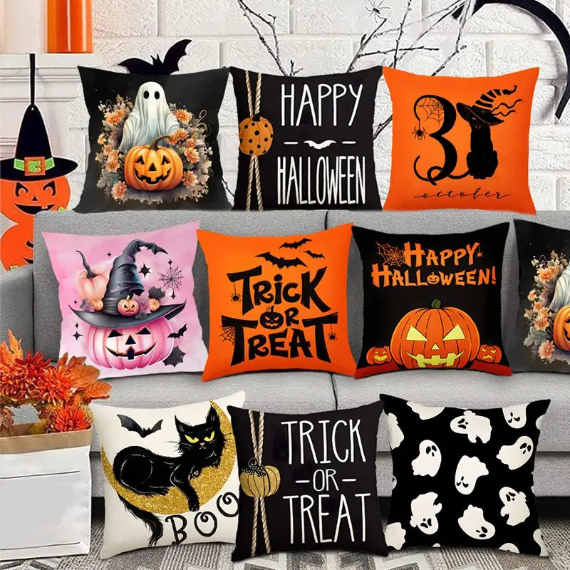 Funda de cojín de lino de Halloween, funda de almohada con temática de truco o trato, funda de almohada de calabaza y fantasma de dibujos animados, decoración para fiesta de Halloween 2025