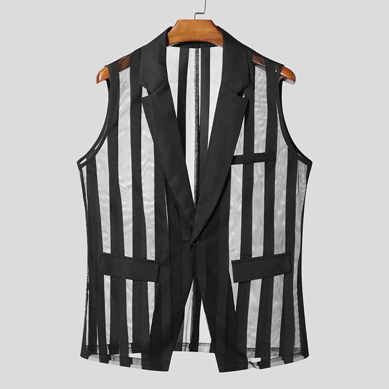Men Vests Mesh Striped Transparent Sexy Lapel Sleeveless One Button Male Waistcoats Streetwear 2025 Fashion Casual Vests INCERUN