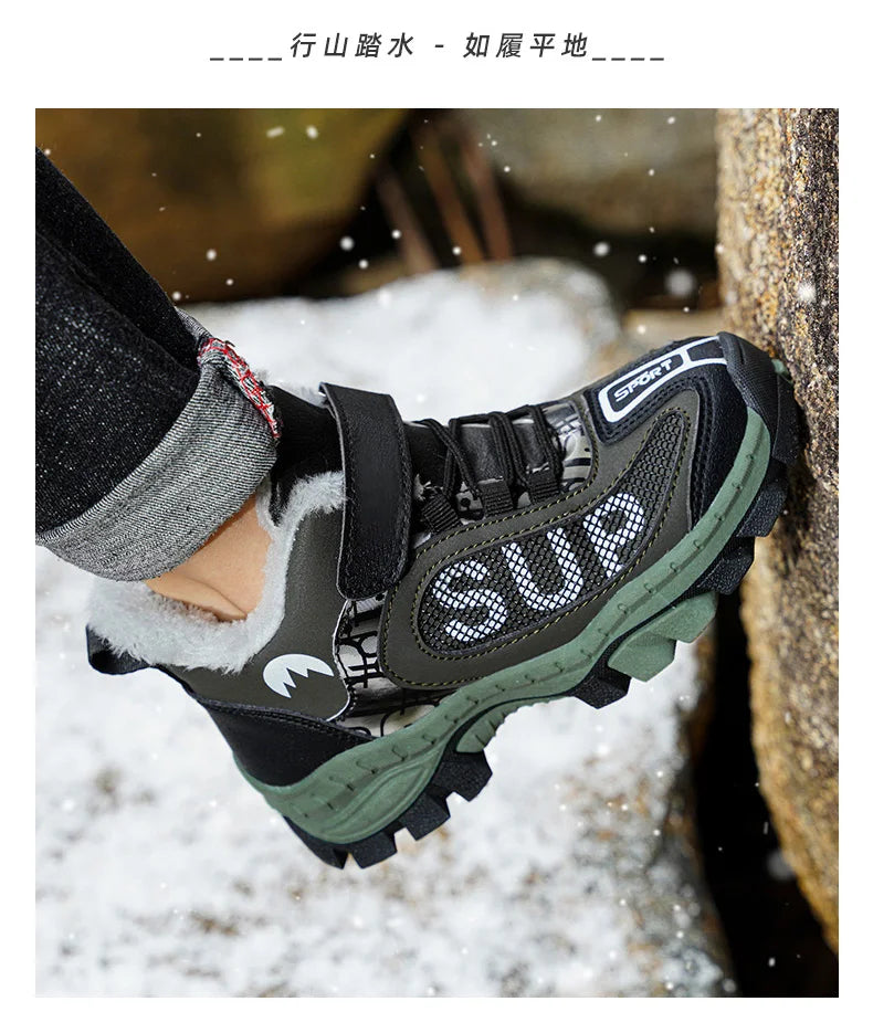 Winter Plus Velvet Hiking Shoes For Kids Non-slip Platform High Top Sports Shoes Boys Outdoor Warm Plush Children's Sneakers