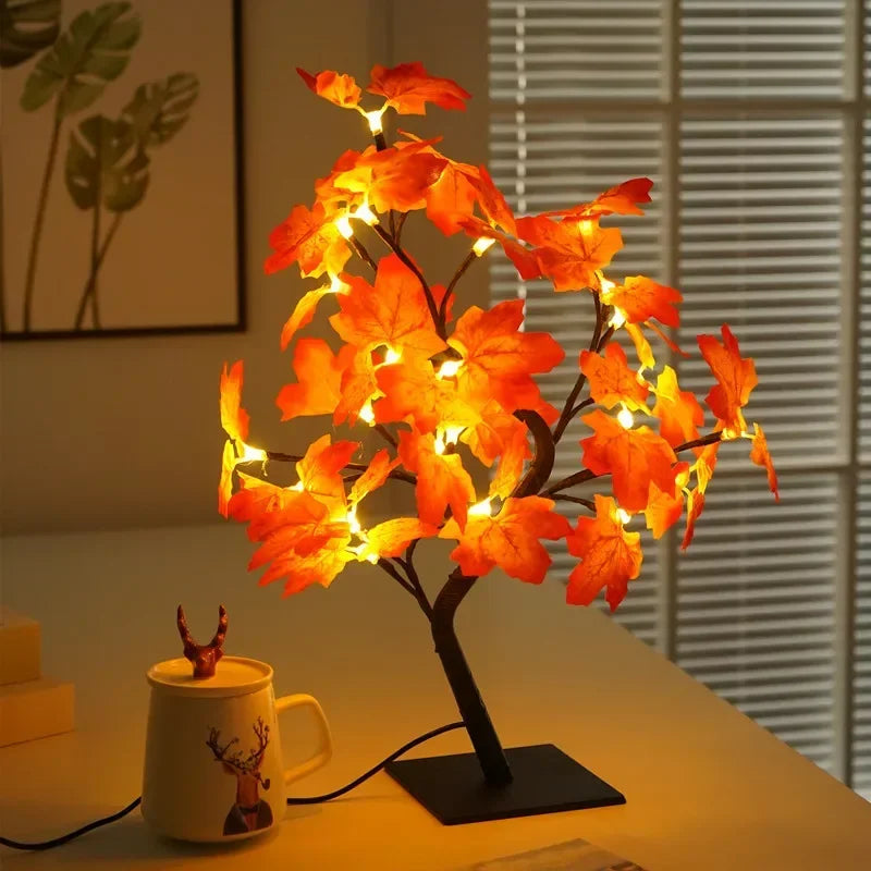 Guirlande lumineuse à 24 LED en forme de feuille d'érable, lampe de table en forme d'arbre à fleurs, veilleuse rose, cadeau pour mariage, fête, automne, Halloween, décoration