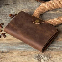 Cartera de lujo hecha a mano de cuero genuino Crazy Horse para hombre, cartera pequeña de cuero para hombre, monedero corto con clip para billetes, bolsa para dinero, café negro