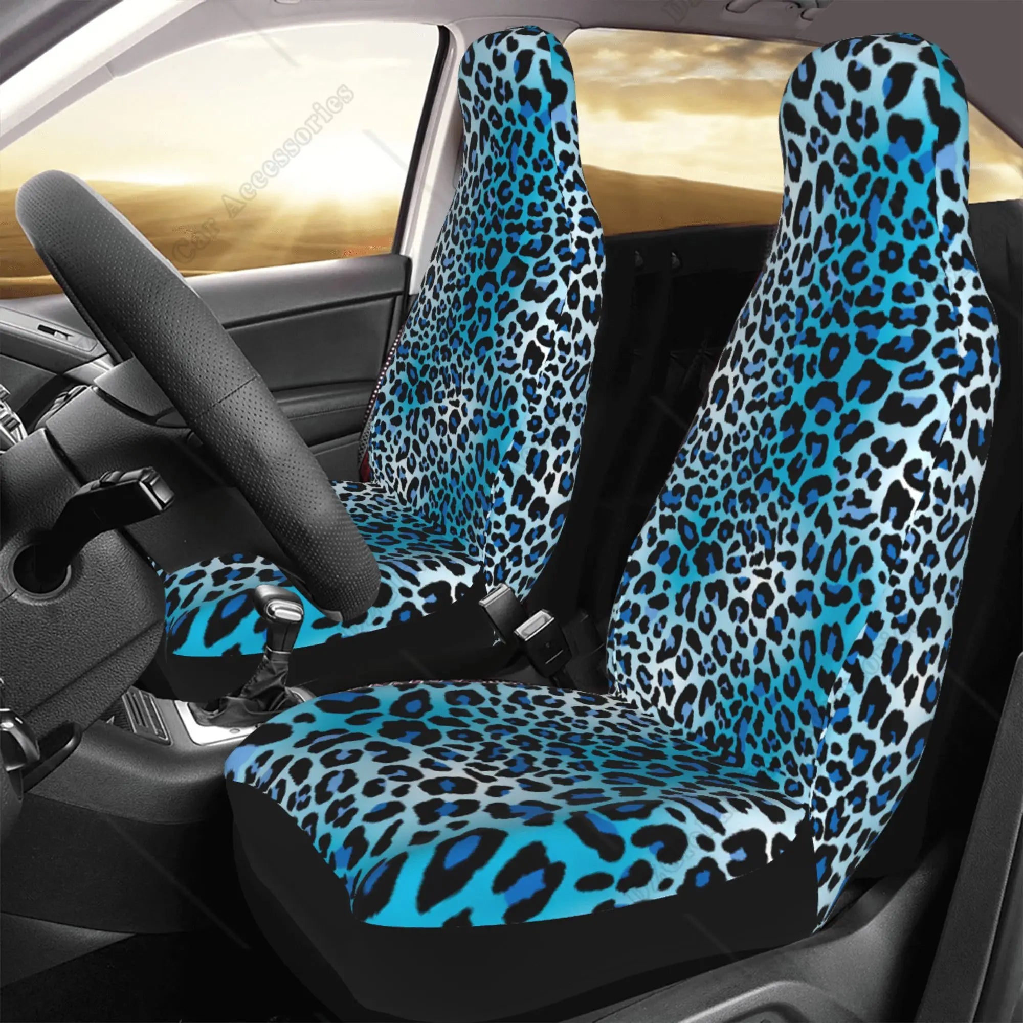 Housses de siège auto à imprimé léopard bleu pour hommes et femmes. Confortables et universelles, elles protègent les sièges avant baquets.