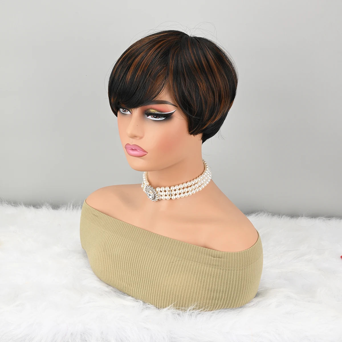 Highlight Synthetic Ombre Black Brown Short Straight Pixie Cut HairStyle Wigs With Bangs