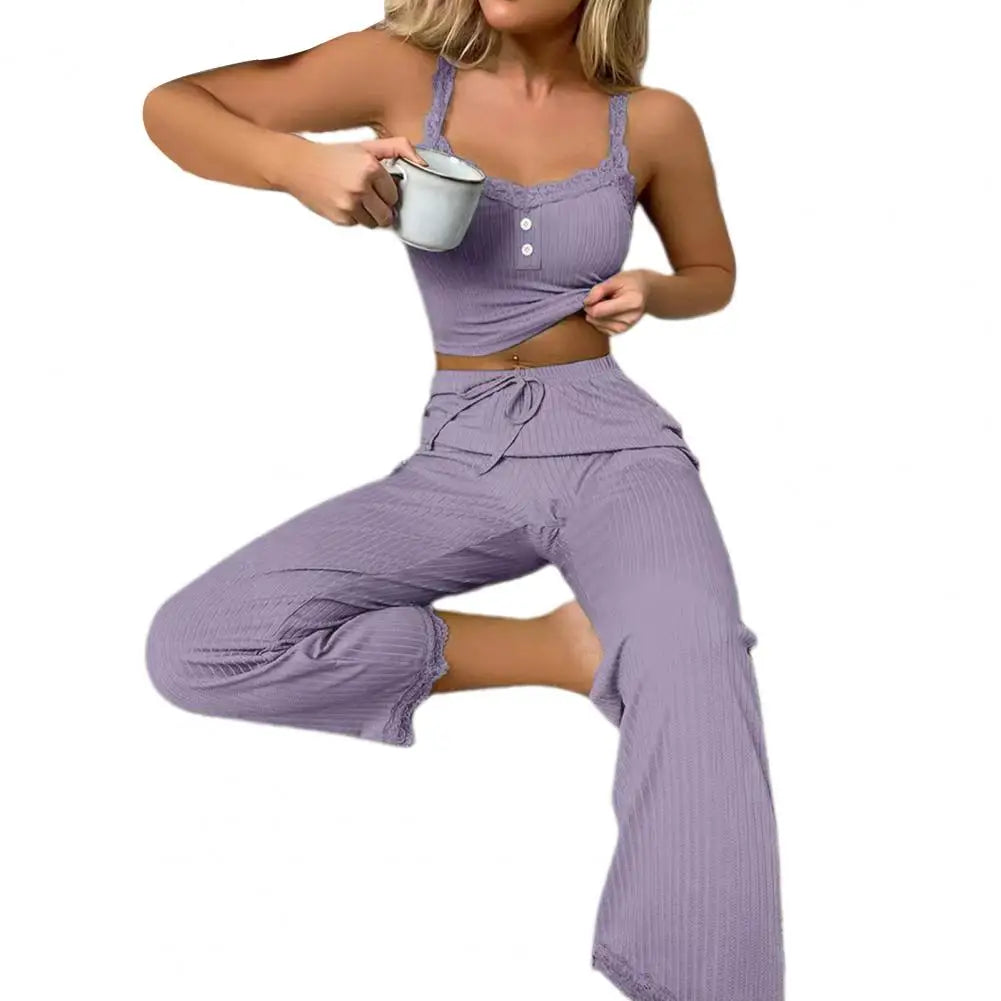 Conjunto de pijama casual sexy para mujer, de verano, de encaje, pantalones largos, sexy, de dos piezas, pantalones largos, conjunto de pijama para estar en casa