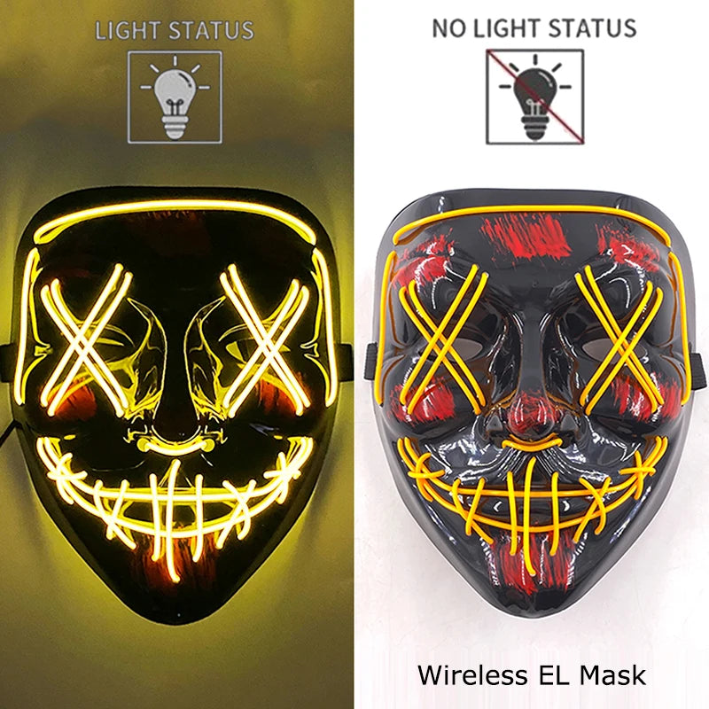 Máscara de purga LED de neón inalámbrica, que brilla en la oscuridad, máscara de cosplay de terror para Halloween, máscaras de fiesta de disfraces, accesorios luminosos divertidos